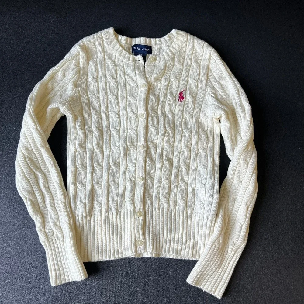 Ralph Lauren Girls Cream Cable Knit Cotton Cardigan Sweater Pink Pony Size S 7